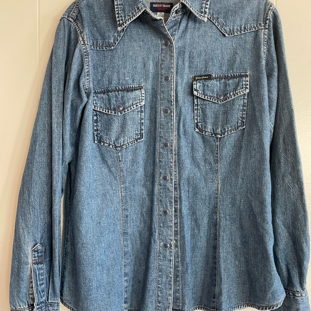 Vintage Guess soft blue Jean snap front shirt size XL.